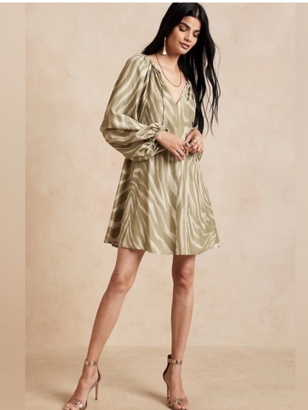 Banana Republic featuring dramatic balloon sleeves, flowy, olive-green zebra-pri